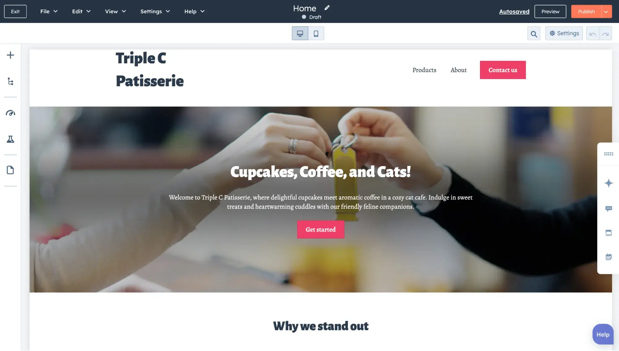 AI-generated website for Triple C Patisserie with a hero image of two hands exchanging a key