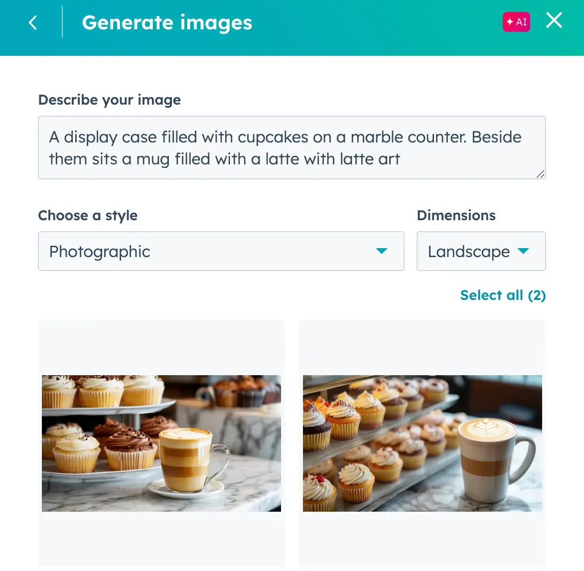 HubSpot’s AI image generator with a prompt describing cupcakes and coffee, along with two images generated from the prompt