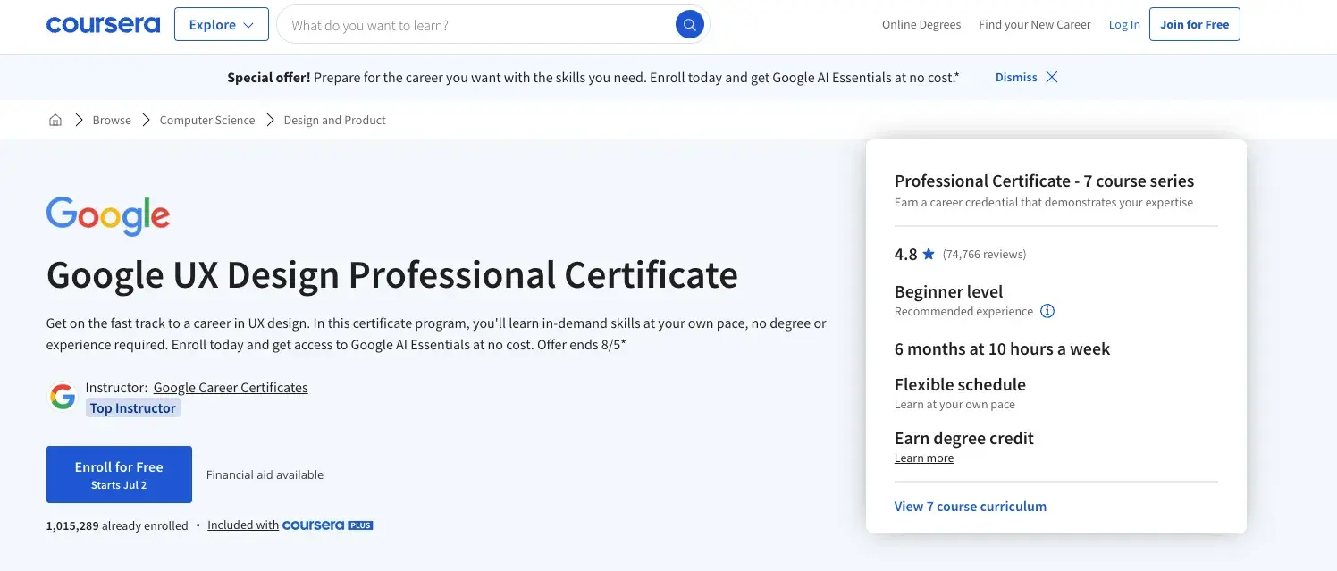 Google offers a UX Design professional certificate