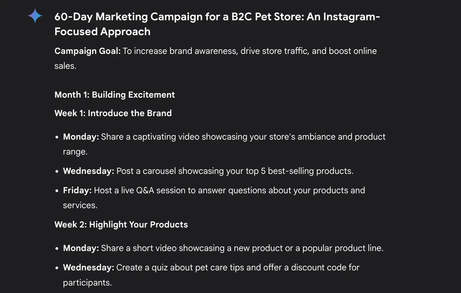 a screenshot of how I prompted Google’s Gemini to create a marketing campaign with a social media calendar