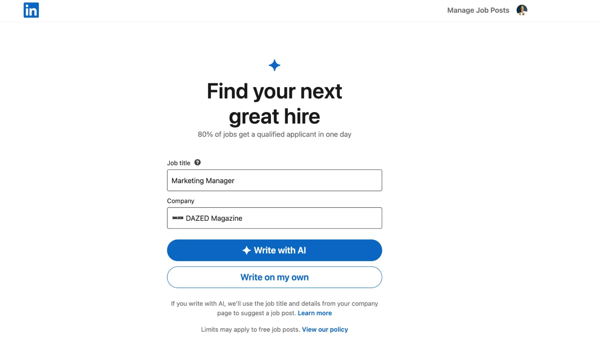 a screenshot of LinkedIn’s job listing creating page