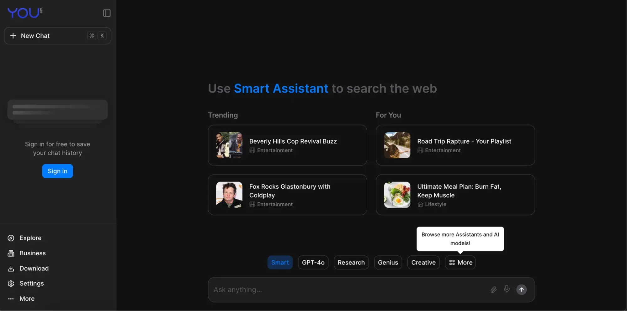 You.com homepage, showing options for Smart Assistant, Research Assistant, and more.