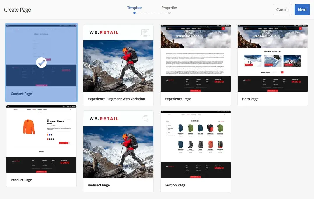 When creating a new page in AEM, you can choose the page type such as a product page, redirect page, experience fragment, and hero page.