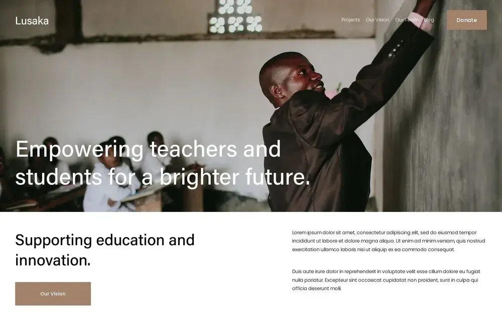 A squarespace template shows a possible website front page for a nonprofit organization.