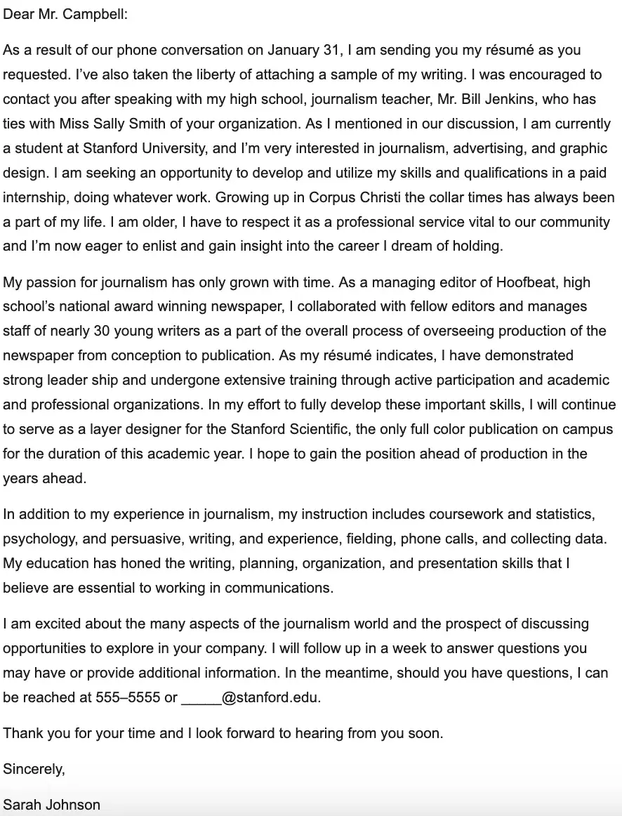 good cover letter examples, post-phone-call