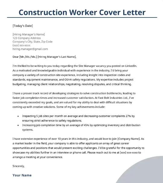 cover letter example, Construction 