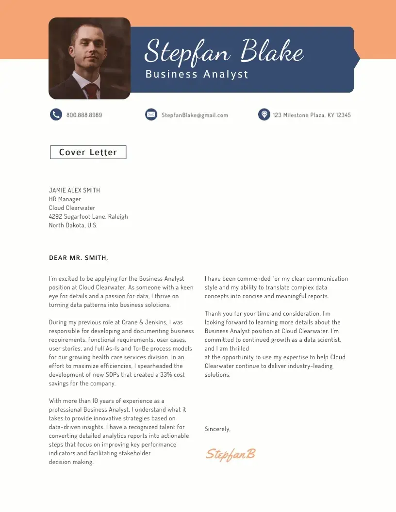 cover letter example, business analyst