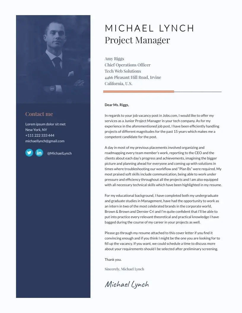 cover letter example, project management