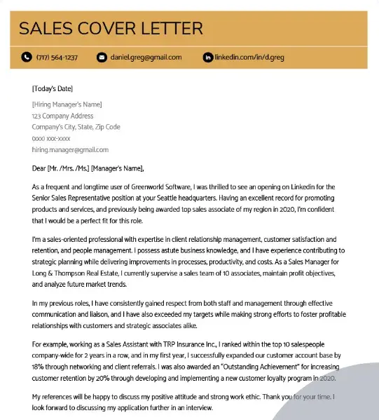 cover letter example, sales