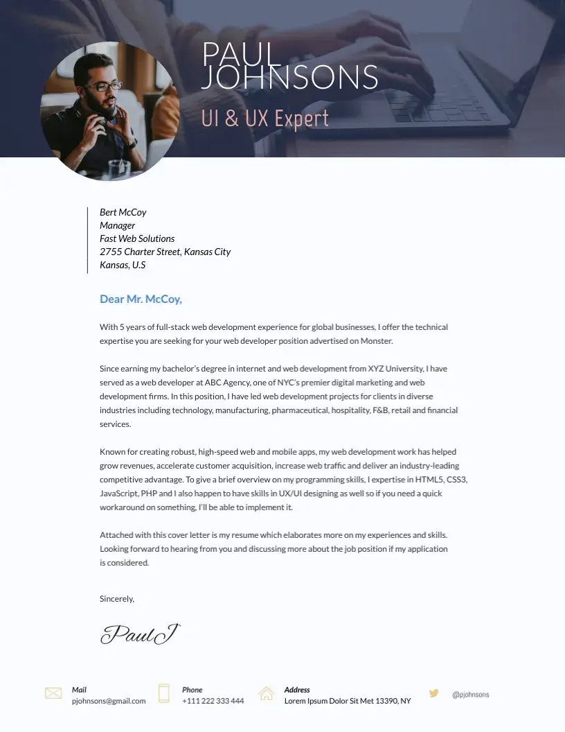 cover letter example, web development