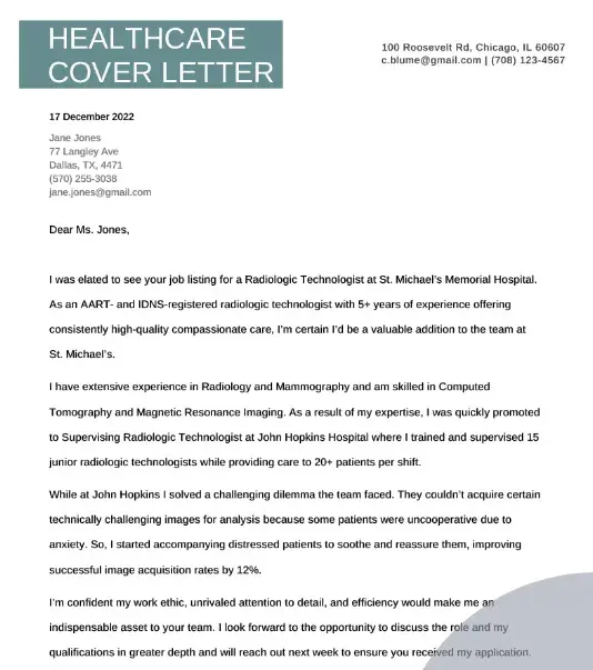cover letter example, healthcare