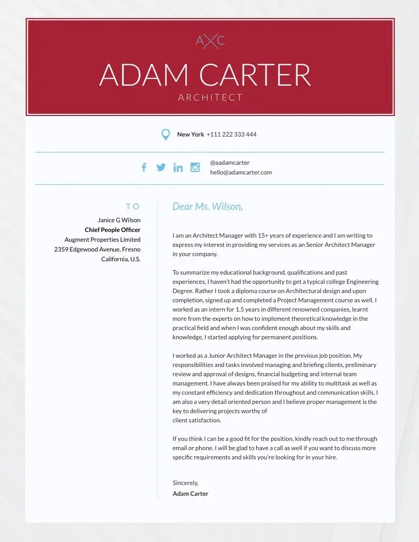 cover letter example, architecture 