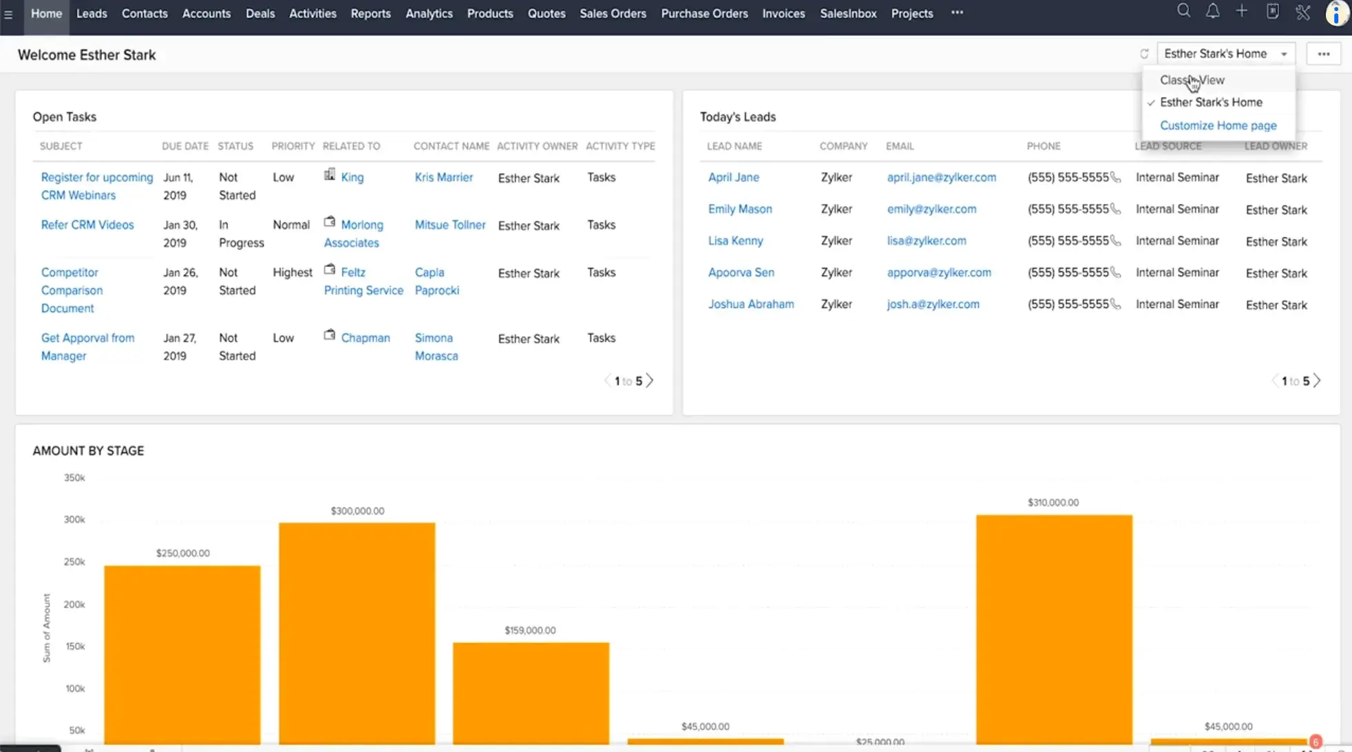 Zoho CRM dashboard