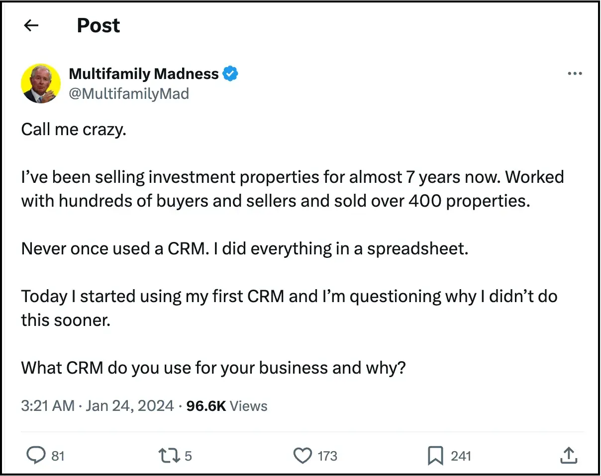 screenshot of X feed post where business owner regrets not adopting a CRM