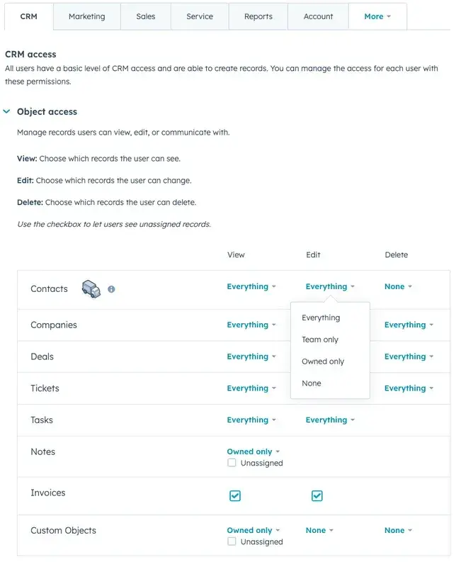 Object-specific permissions in HubSpot CRM