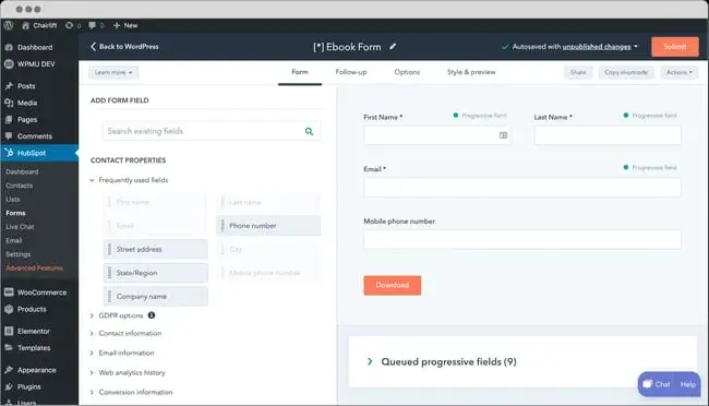 hubspot's form builder wordpress plugin