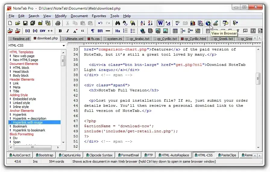 best html editor: The NoteTab HTML editor interface.