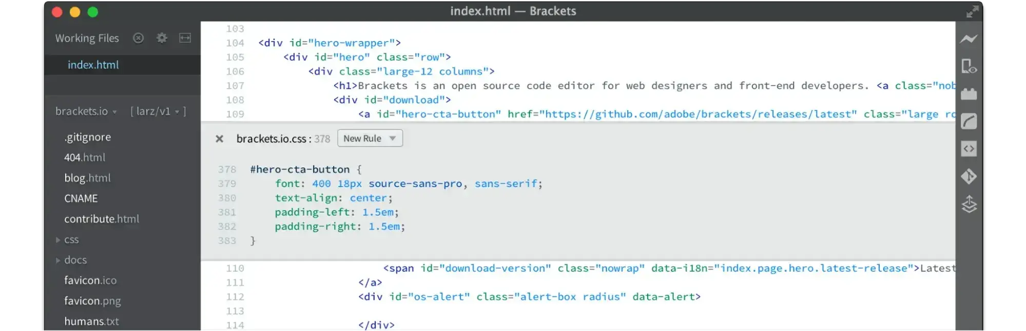 best html editor: The Brackets CSS interface.