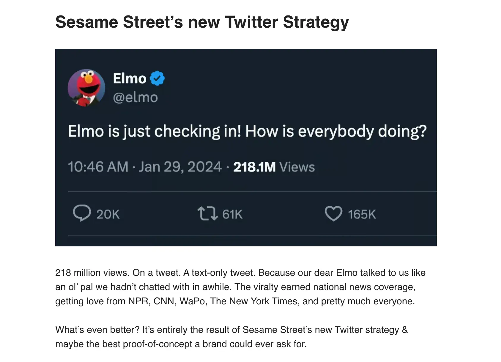 Screencap of Future Social. Subject: Sesame Street’s new Twitter Strategy.