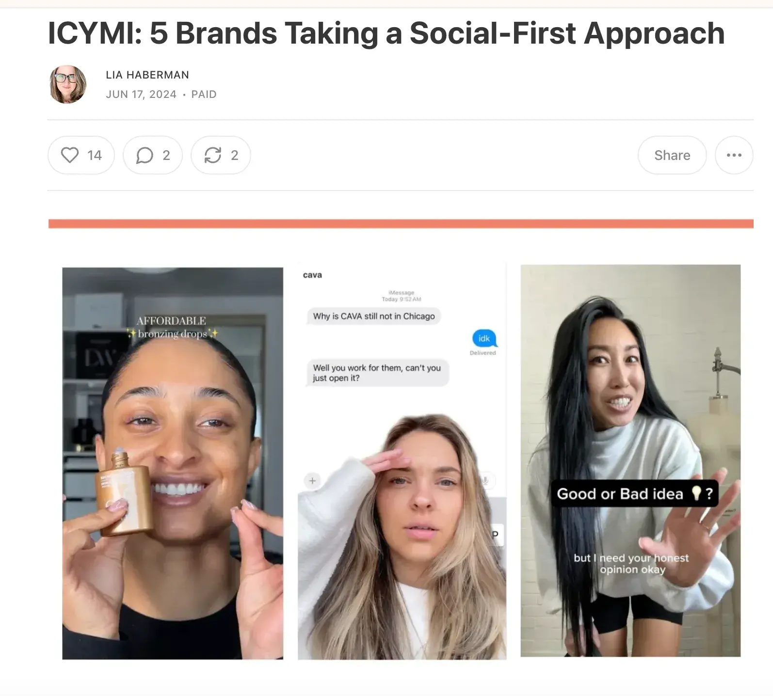 Screencap of ICYMI. Subject: ICYMI: 5 Brands Taking a Social-First Approach.