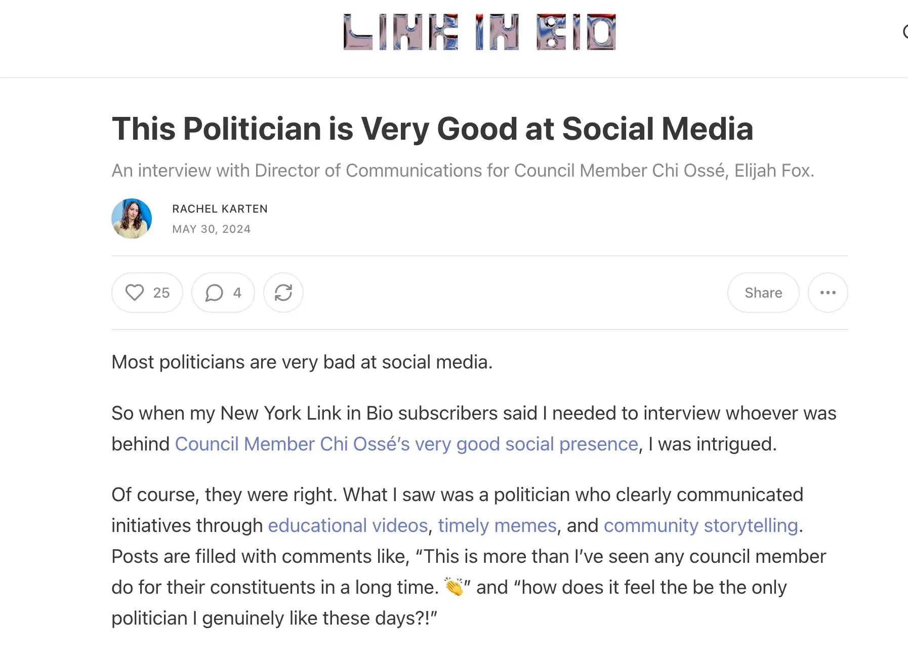 Screencap of Link in Bio. Subject: This Politician is Very Good at Social Media.