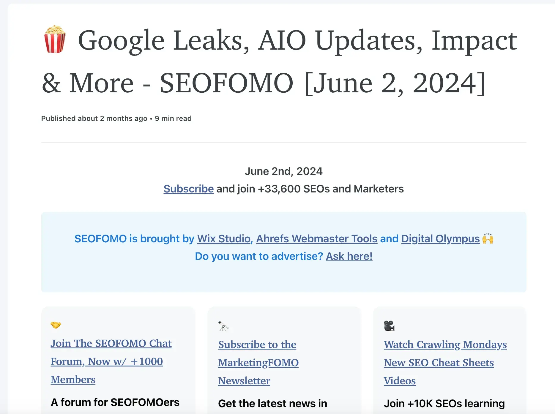 Screencap of SEOFOMO. Subject: ???? Google Leaks, AIO Updates, Impact & More.