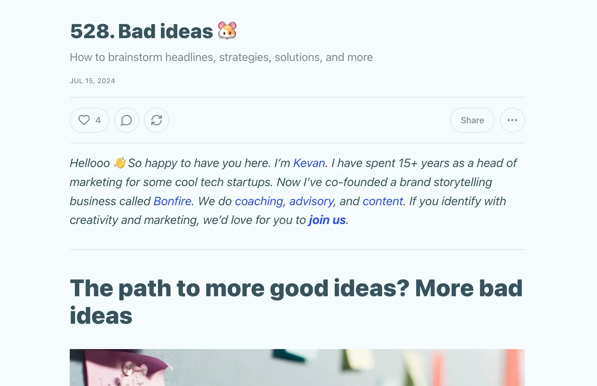 Screencap of Kevan Lee’s newsletter. Subject: Bad ideas ????. How to brainstorm headlines, strategies, solutions, and more.