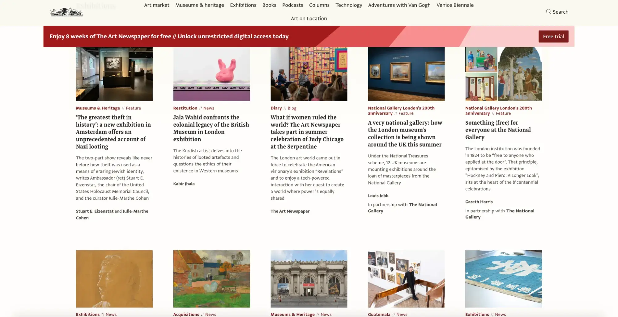 news website design, Sections like Exhibitions are structured to resemble a gallery wall.