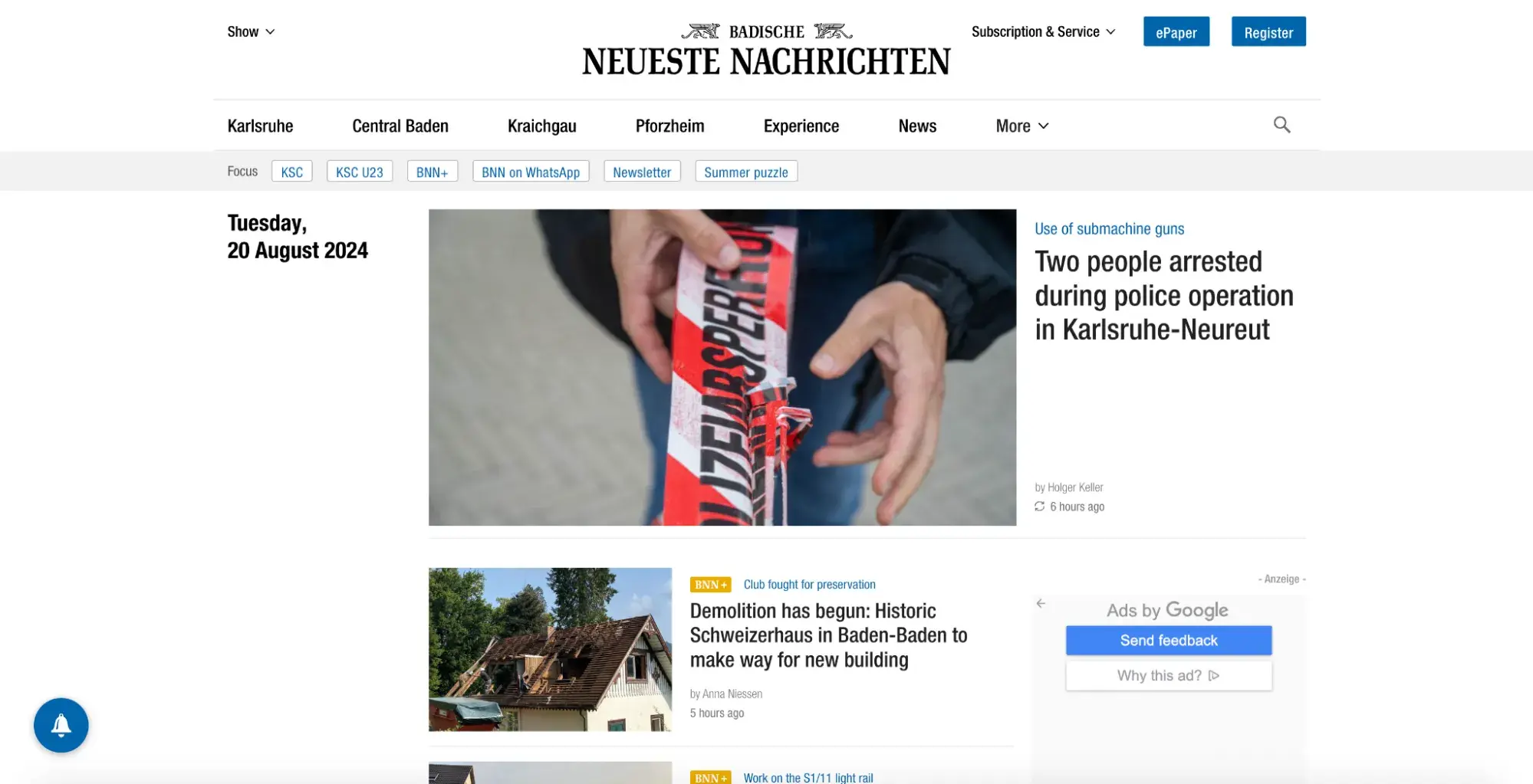 news website design, Badische Neueste Nachrichten homepage, viewed on a laptop.