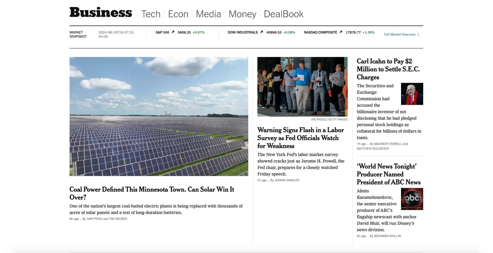 news website design, NYT Business page