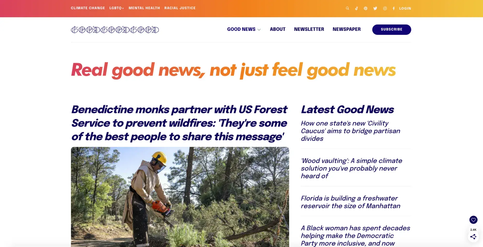 news website design, Good Good Good homepage, viewed on a laptop.