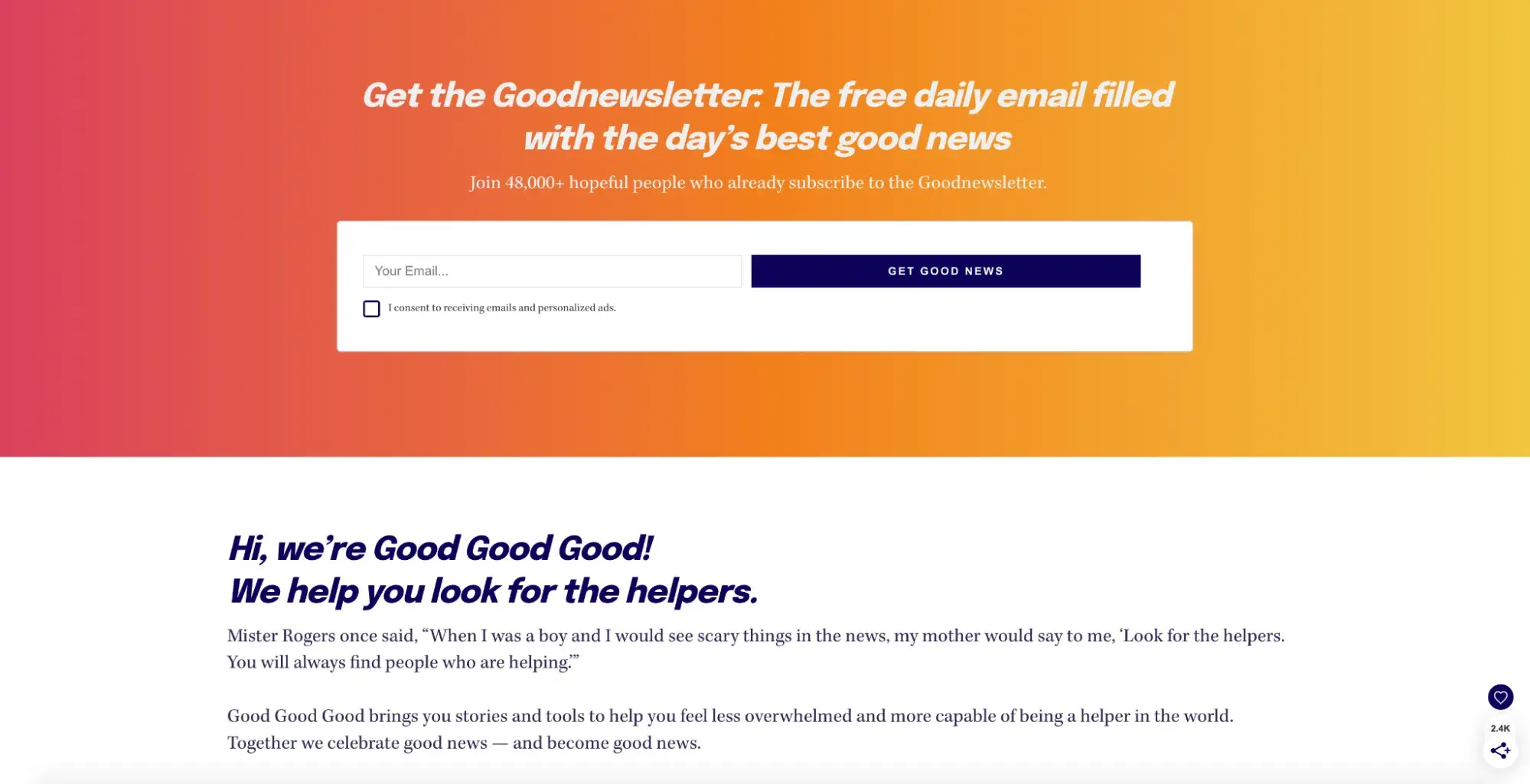 news website design, Good Good Good sign up and about you section.