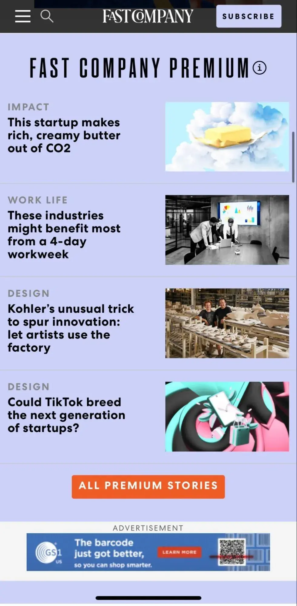 news website design, Fast Company Premium section, viewed on a phone.