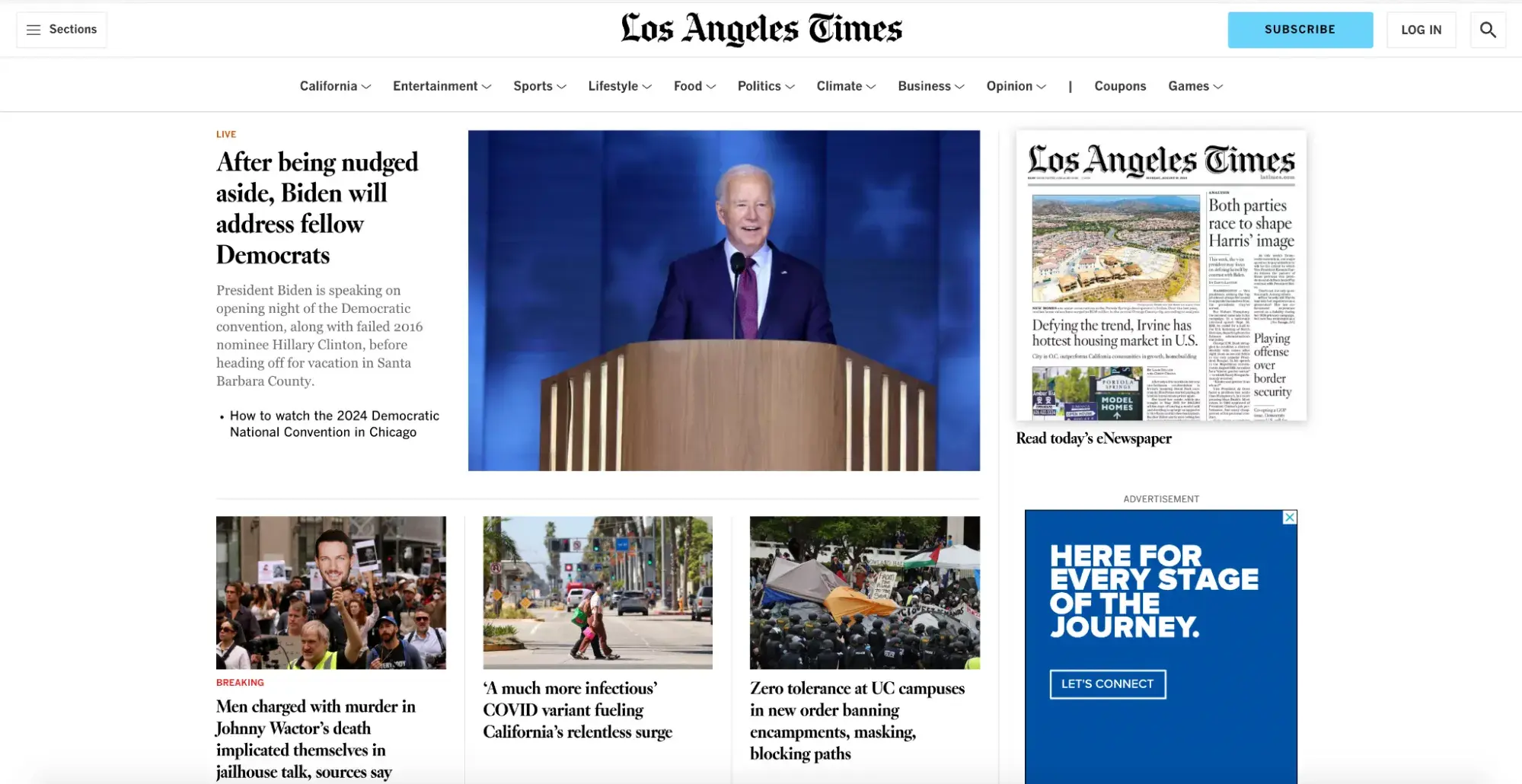 news website design, Los Angeles Times homepage, viewed on a laptop.