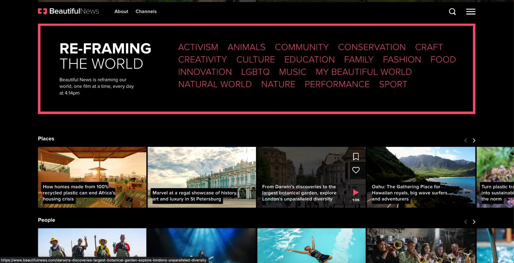 news website design, Showing more of the neon pink text and colorful videos on the landing page.