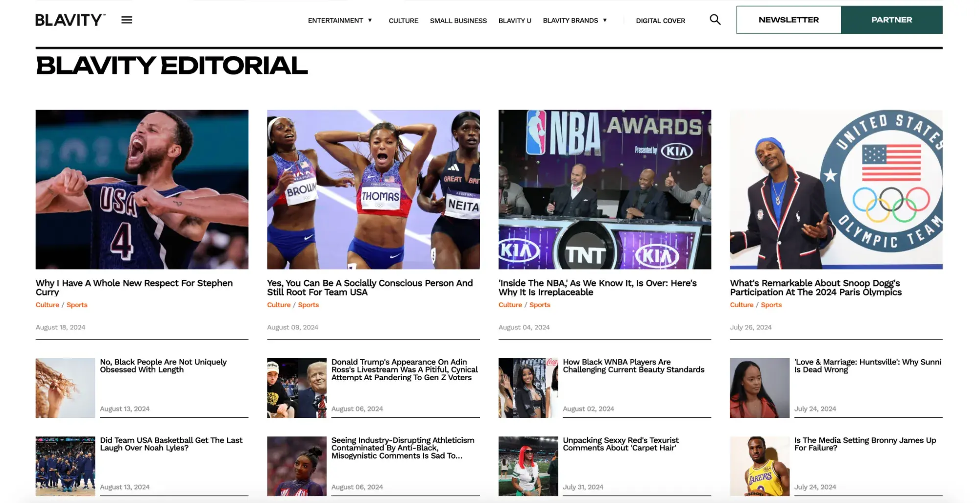 news website design, Editorial section with articles about culture and sports.