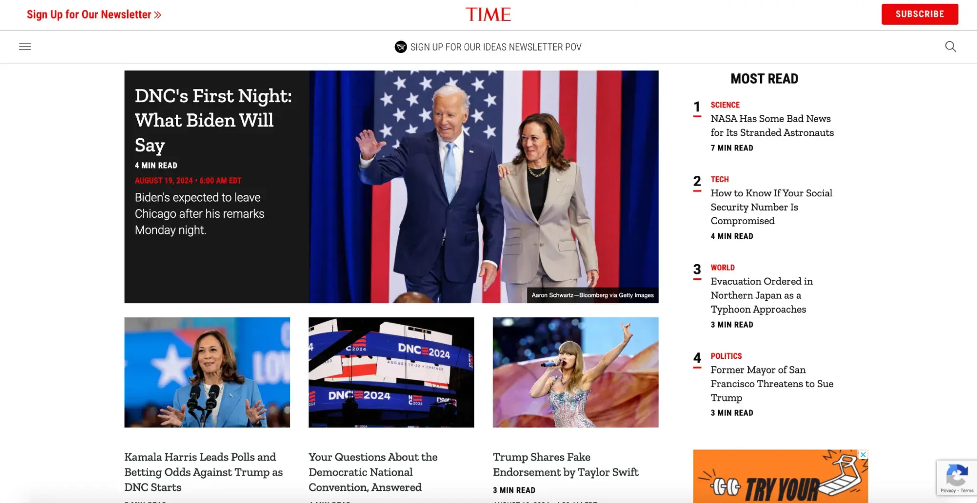 news website design, TIME homepage, viewed on a laptop.