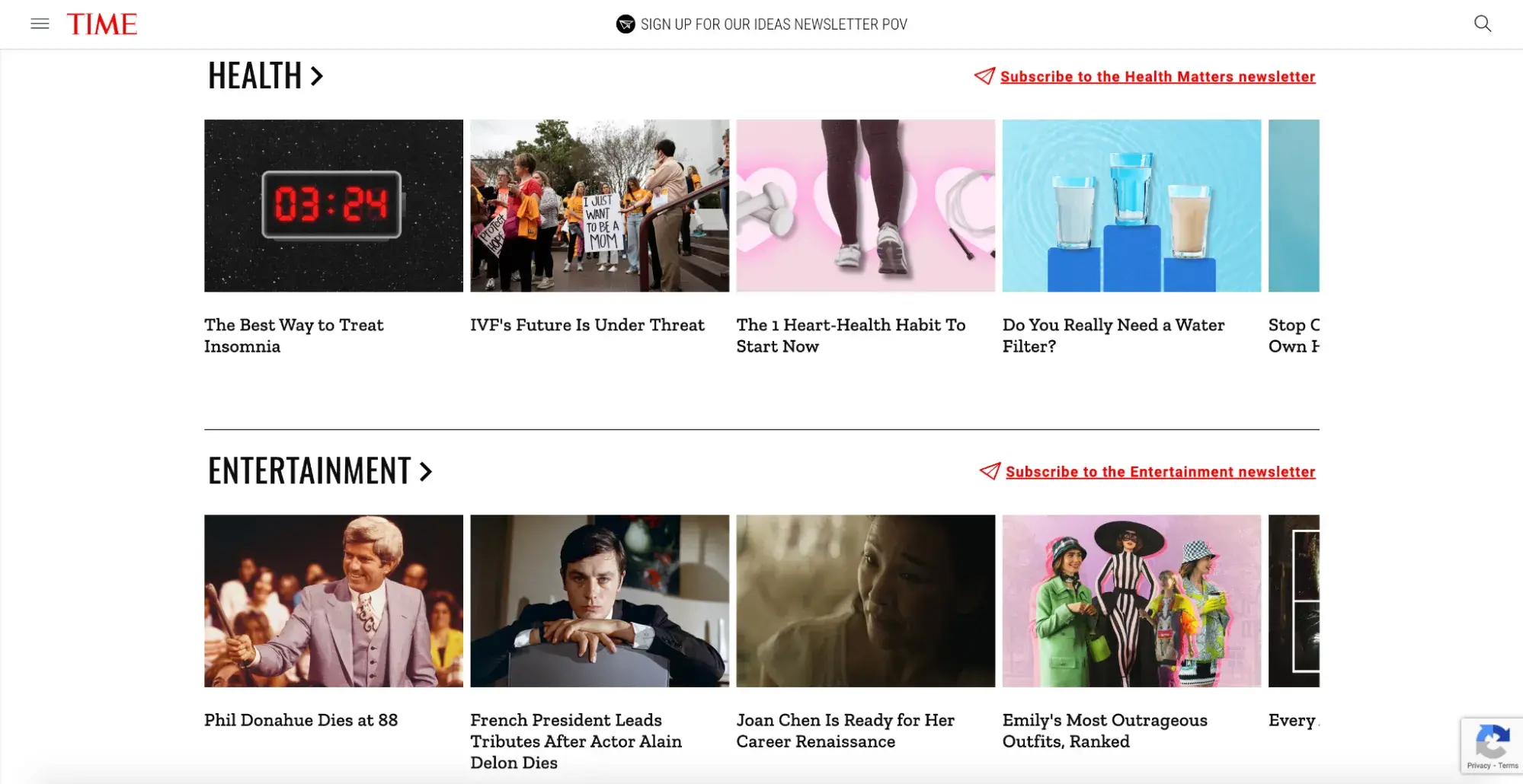 news website design, TIME incorporates the color red into key subsections and CTA buttons.