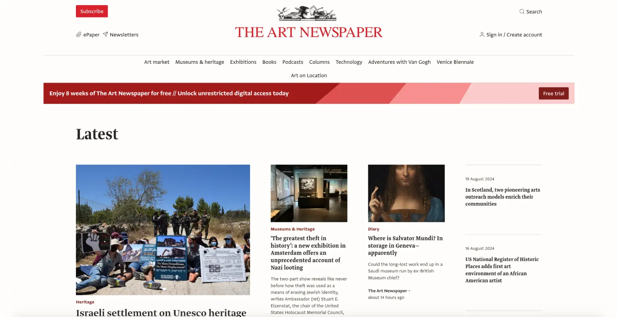 news website design, The Art Newspaper homepage, viewed on a laptop.