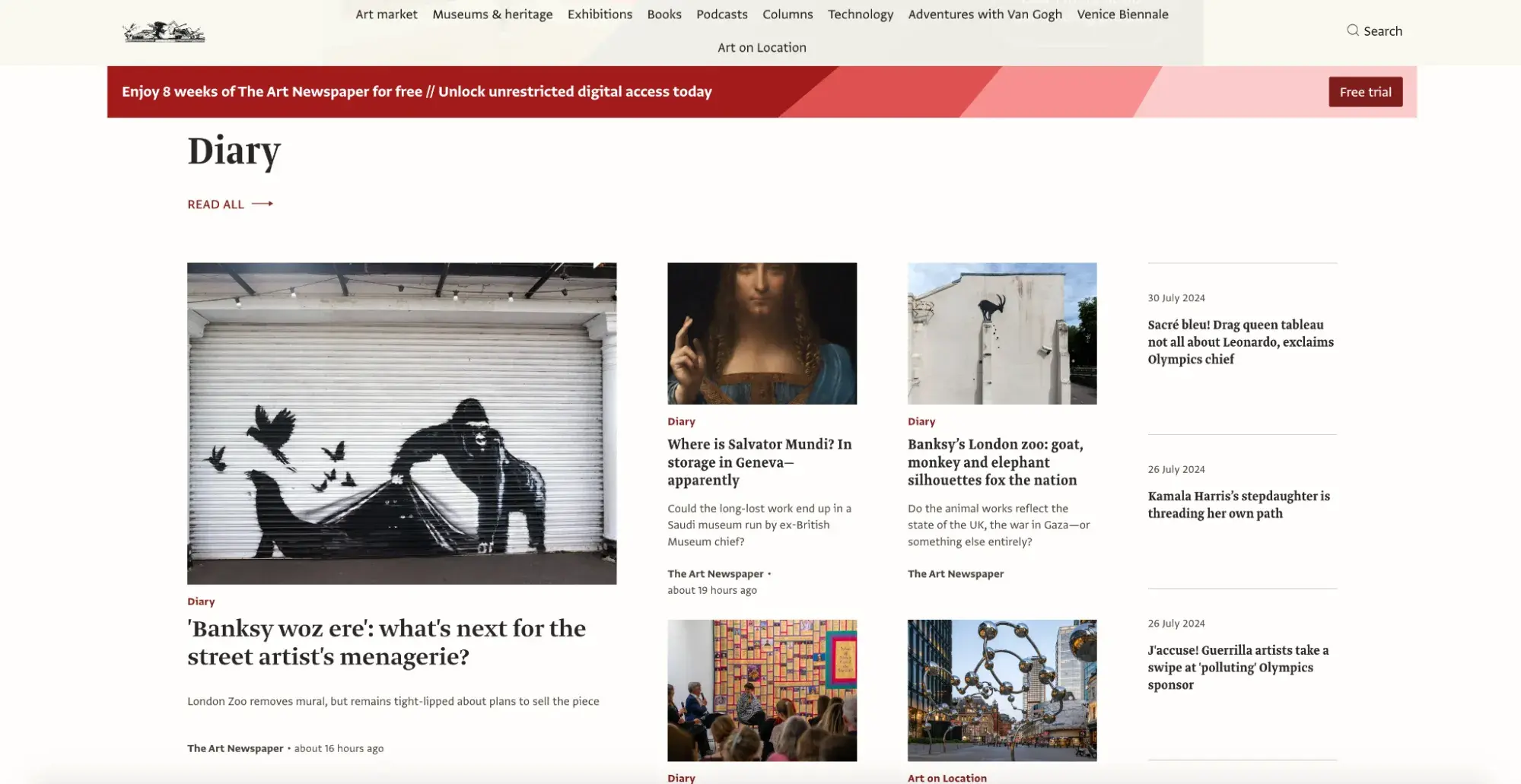 news website design, Sections like Diary are clearly separated with lots of whitespace.