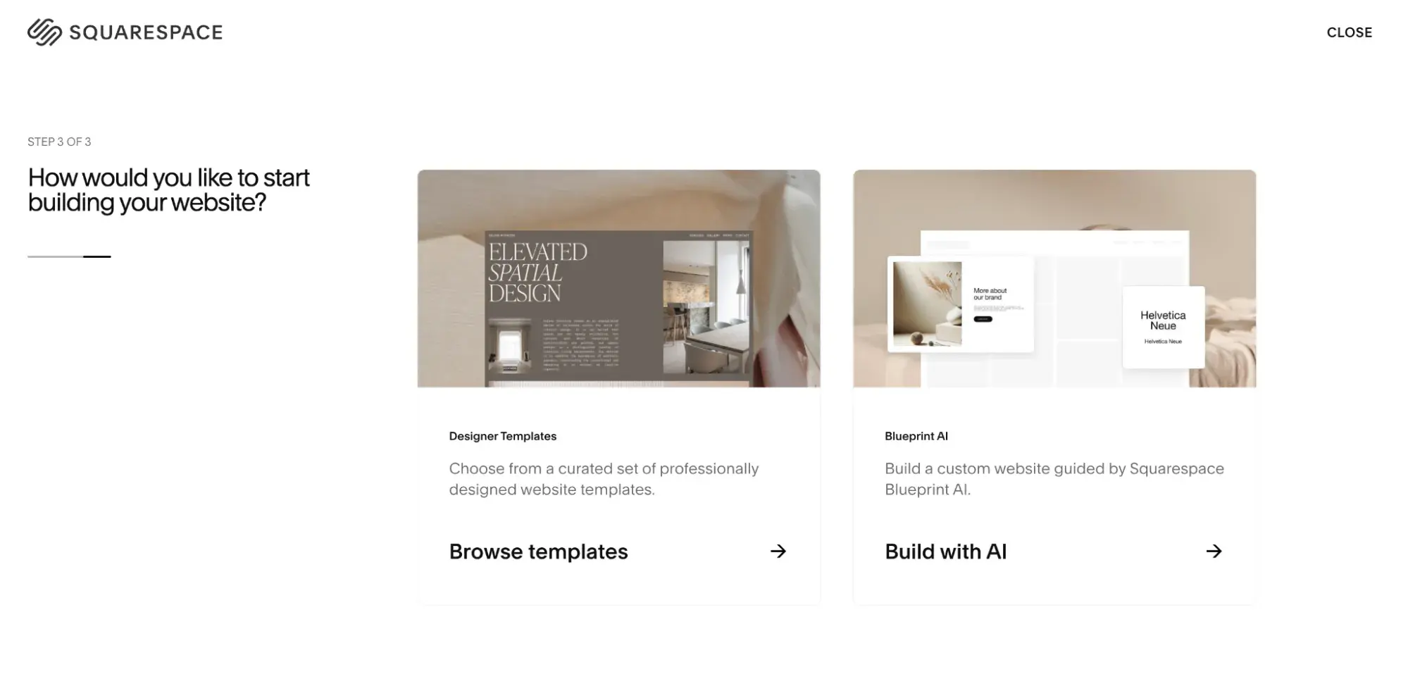 Squarespace’s signup process, which lets you choose between templates or building with AI