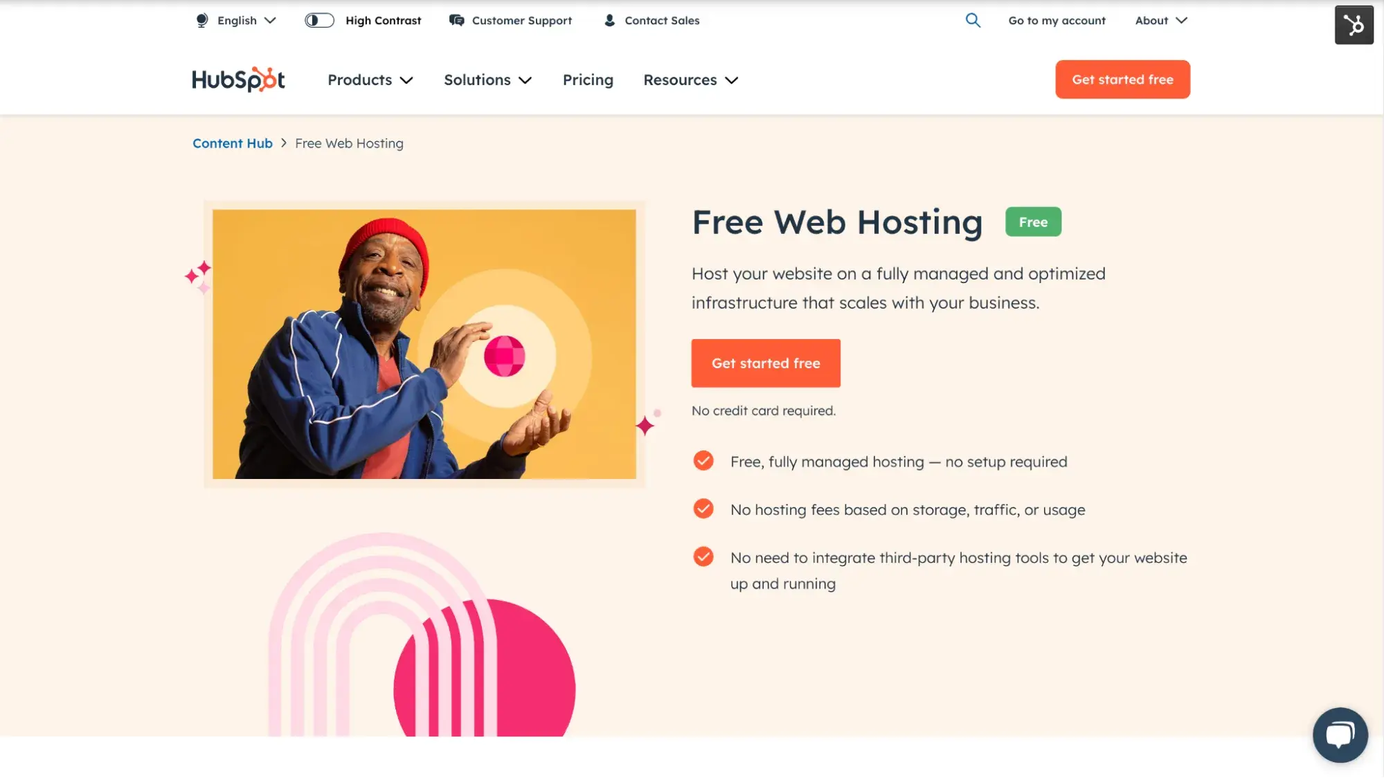 HubSpot’s Content Hub landing page offering free web hosting