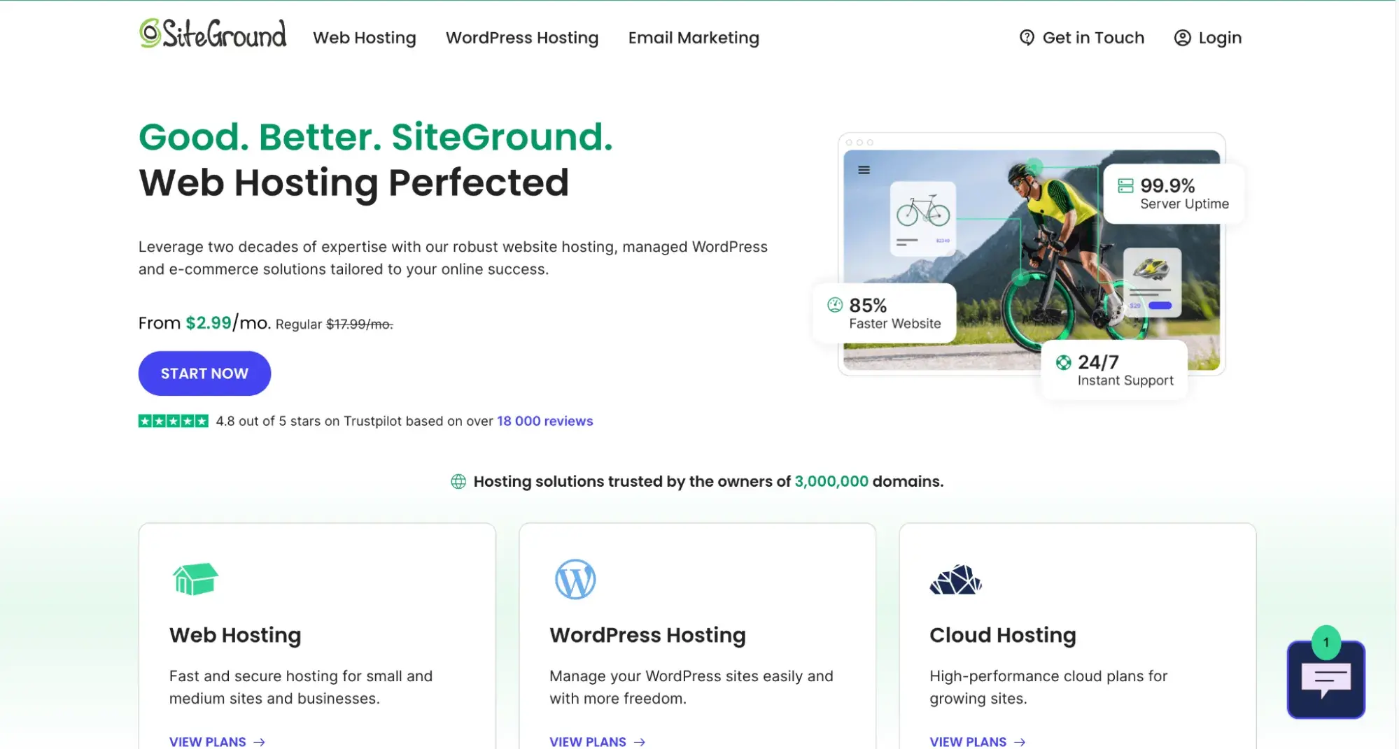 SiteGround’s website, which offers web hosting for small business websites