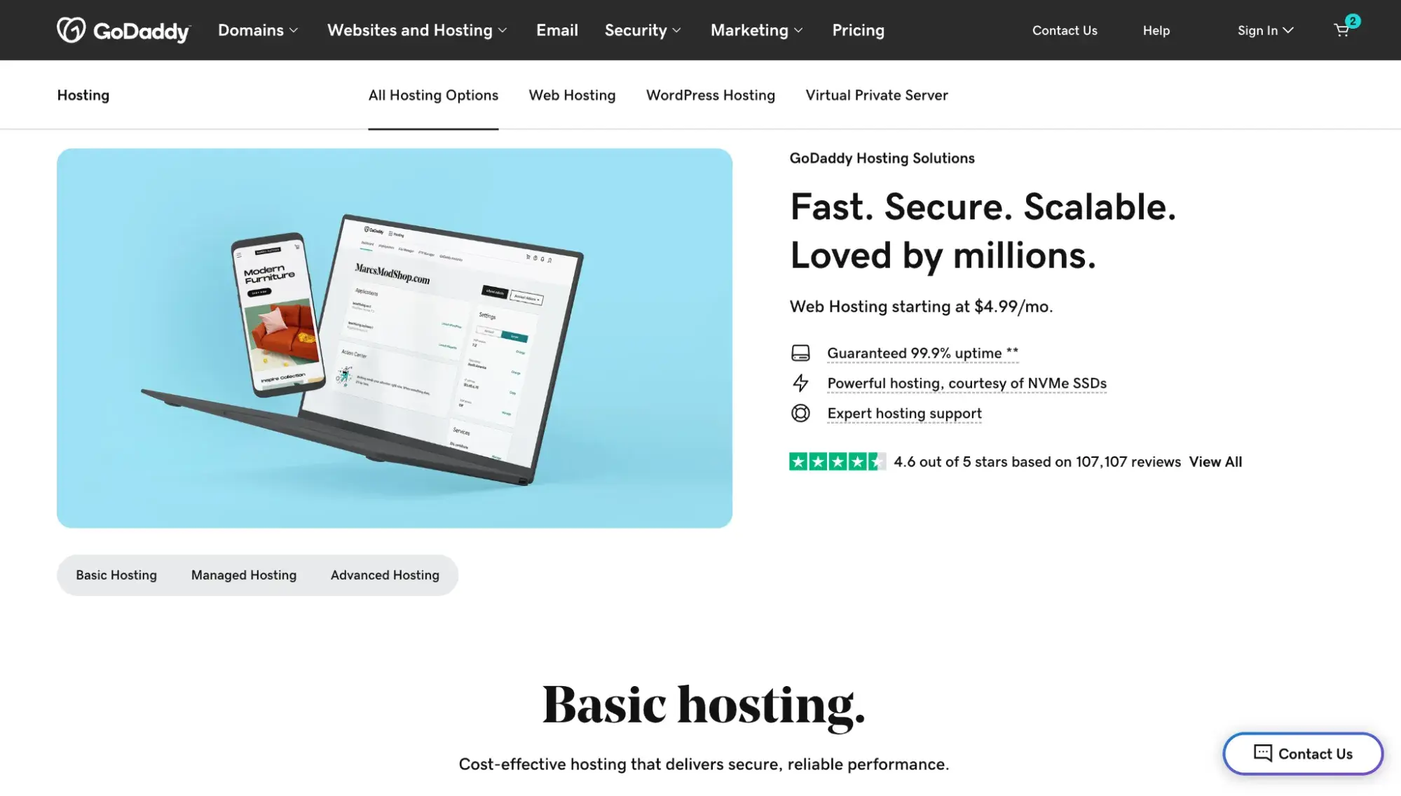 Website of GoDaddy, a web hosting company