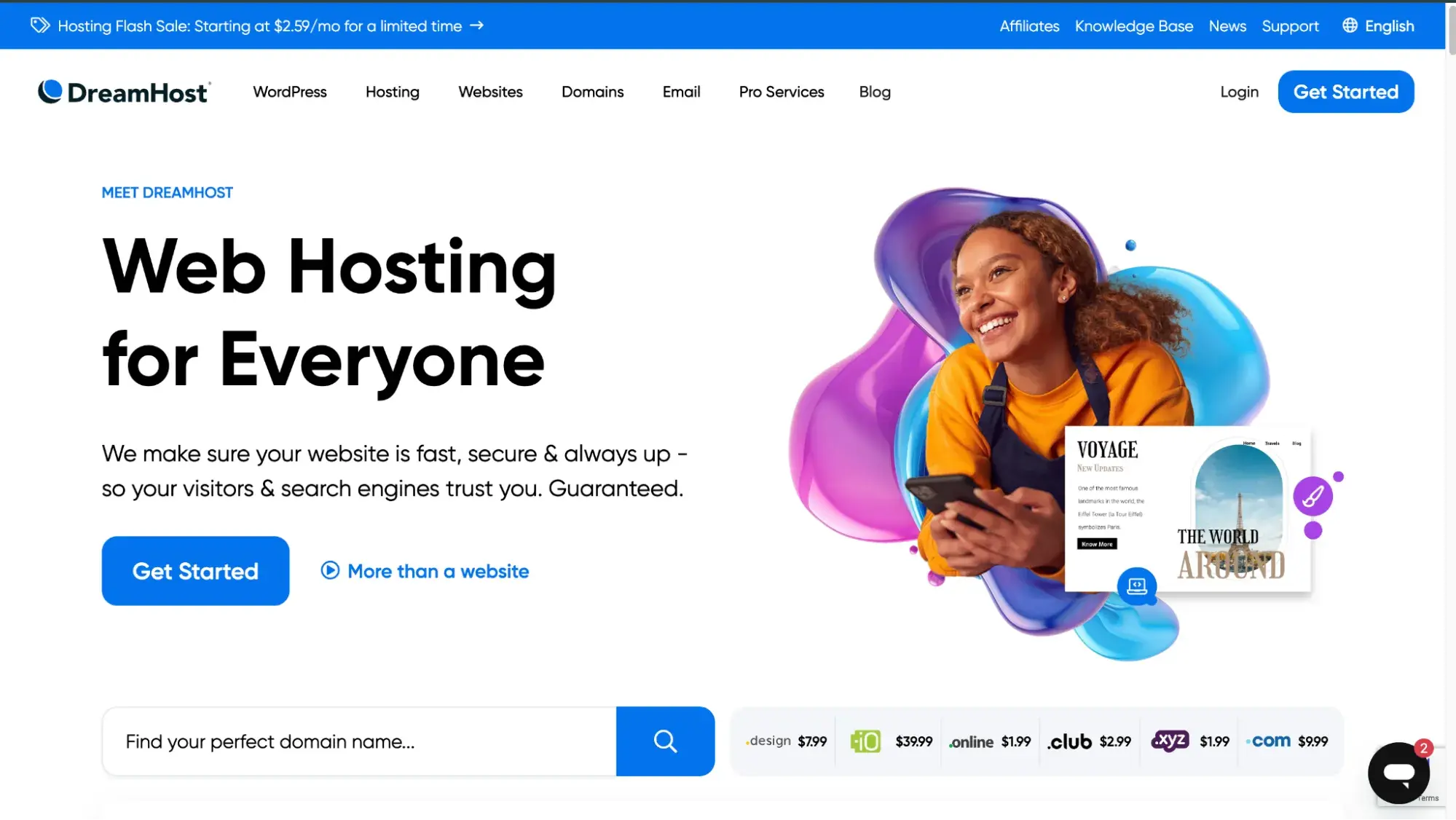 DreamHost’s website, which offers small business website hosting