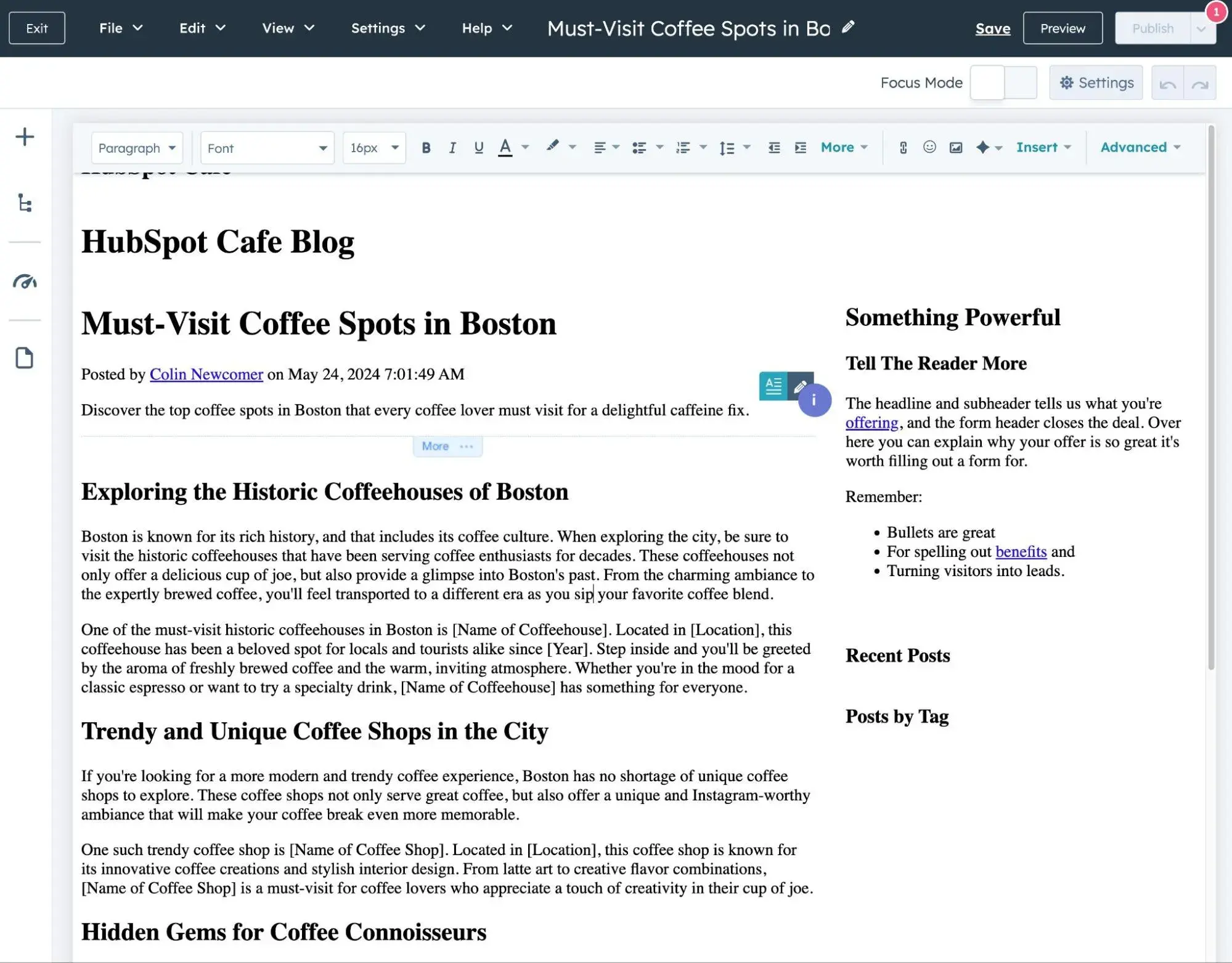 The HubSpot blog post editor for content marketing
