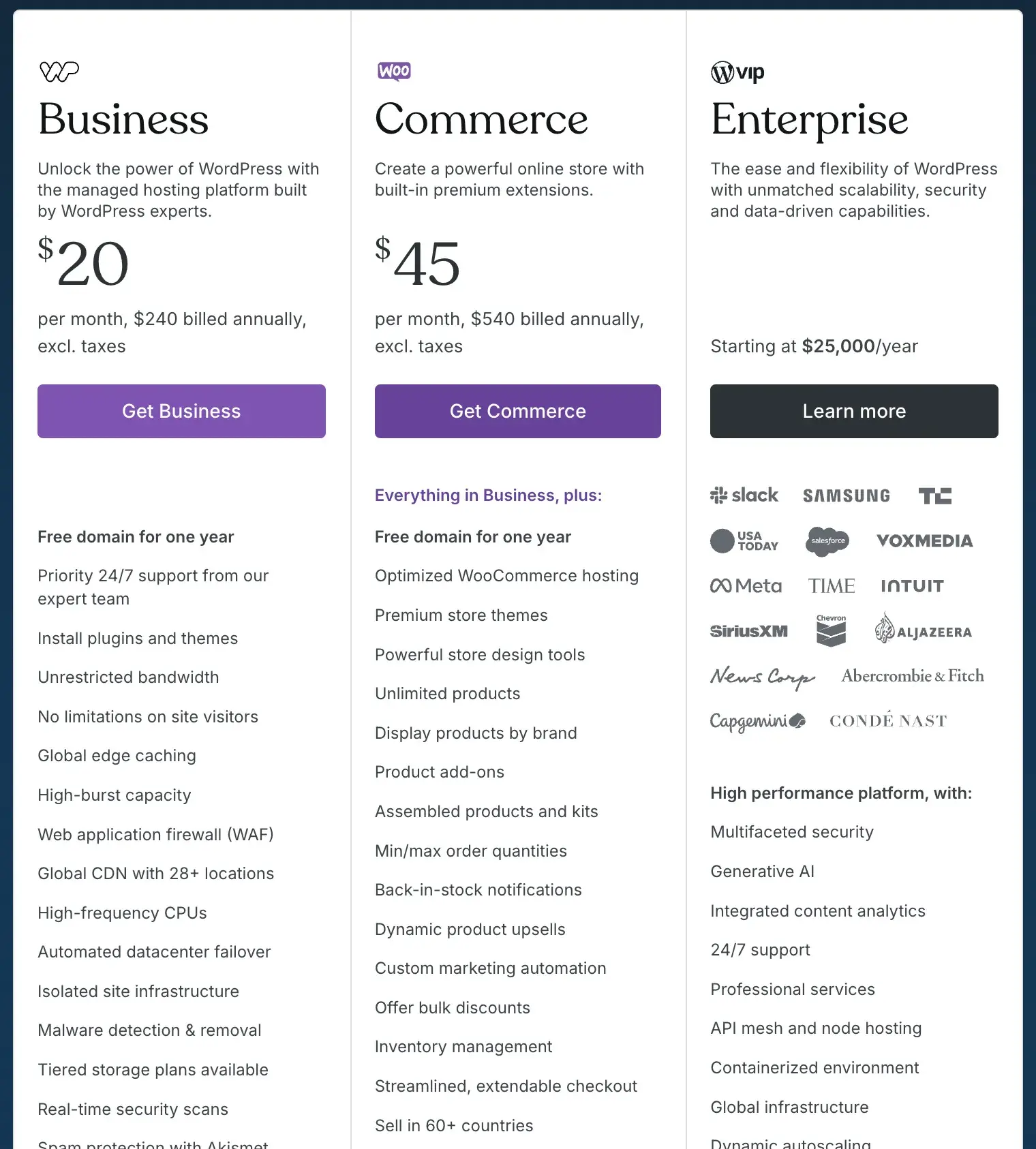 WordPress.com’s WordPress hosting plans side-by-side