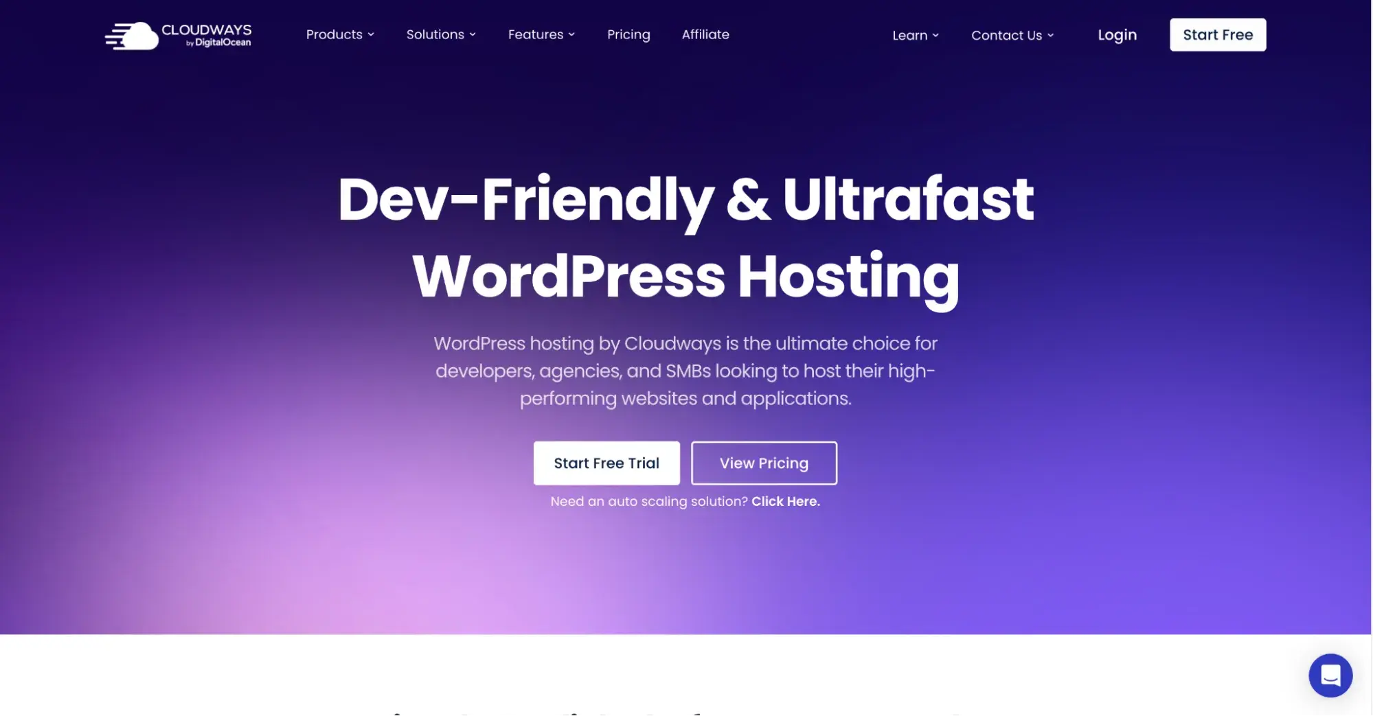 The website of Cloudways, showcasing WordPress hosting