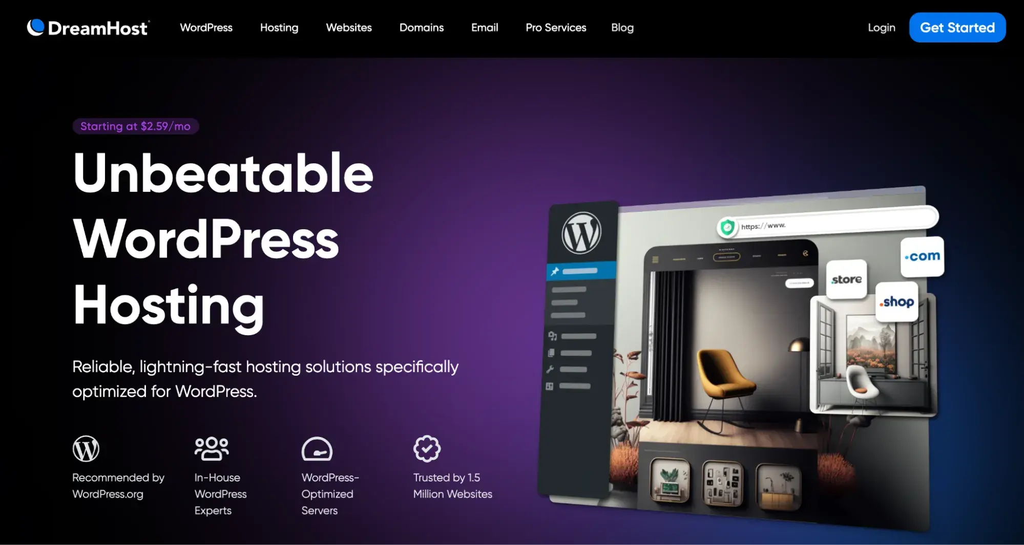 DreamHost’s webpage showing WordPress hosting