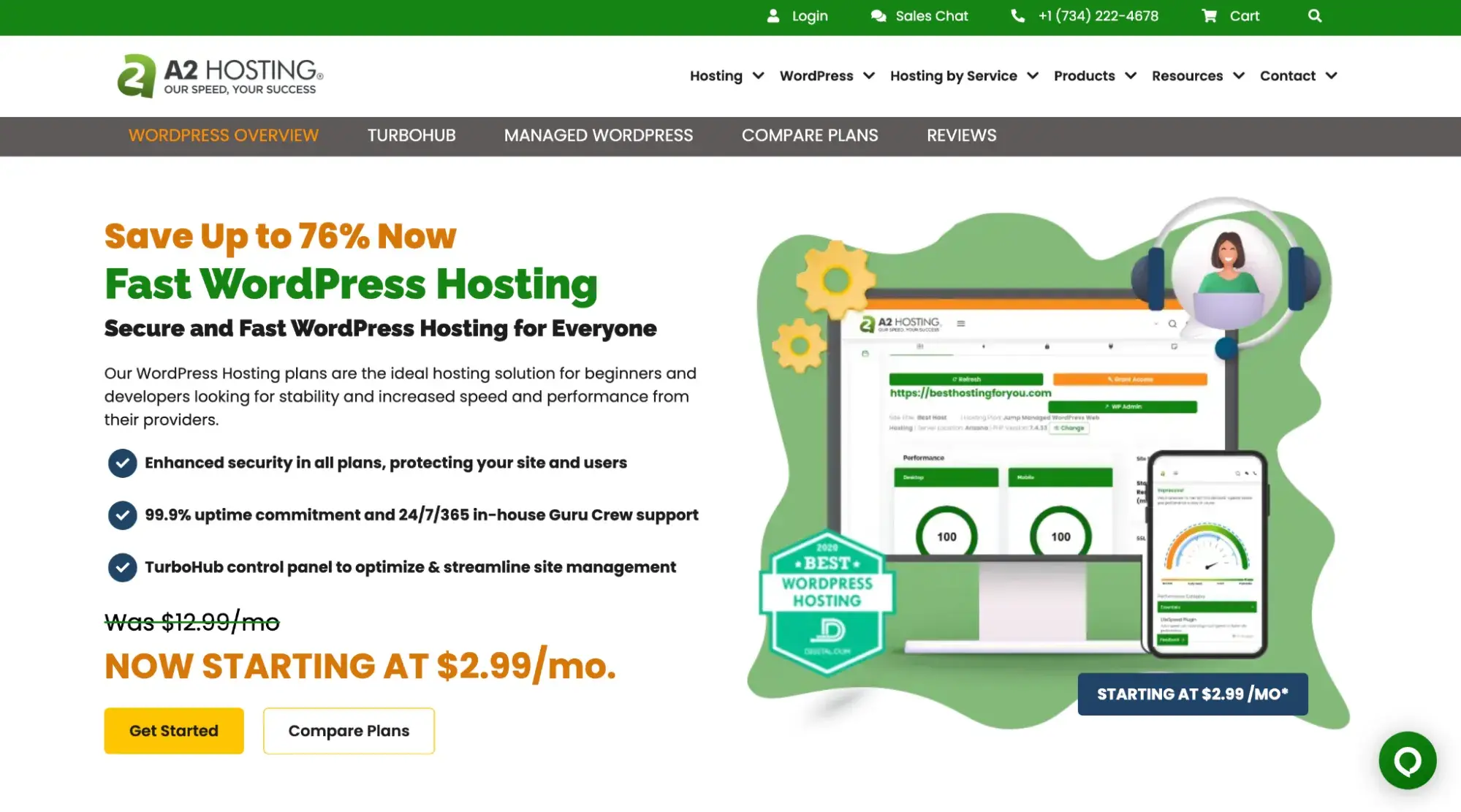 A2 Hosting’s managed WordPress hosting webpage